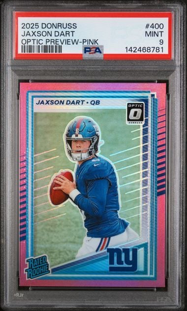 Graded 2025 Panini Donruss Jaxson Dart #400 Optic Preview Pink Rookie RC Football Card PSA 9 Mint