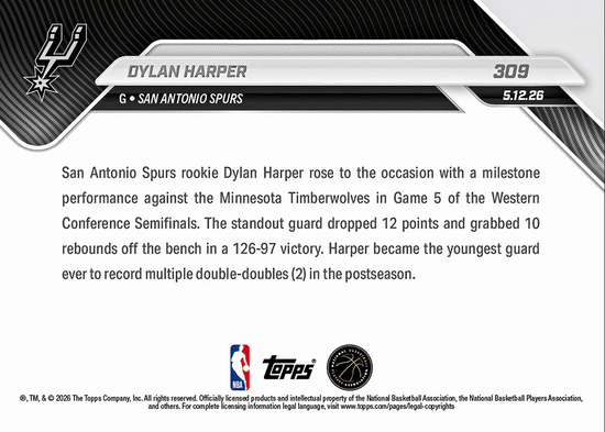 2025 Topps Now Dylan Harper #309 Youngest Guard Ever with Multiple Playoff Double Doubles San Antonio Spurs Rookie RC Basketball Card