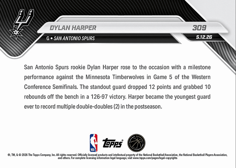 2025 Topps Now Dylan Harper #309 Youngest Guard Ever with Multiple Playoff Double Doubles San Antonio Spurs Rookie RC Basketball Card