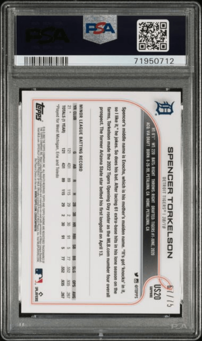 Graded 2022 Topps Chrome Update Sapphire Edition Spencer Torkelson #20 Green /75 Rookie RC Baseball Card PSA 10 Gem Mint