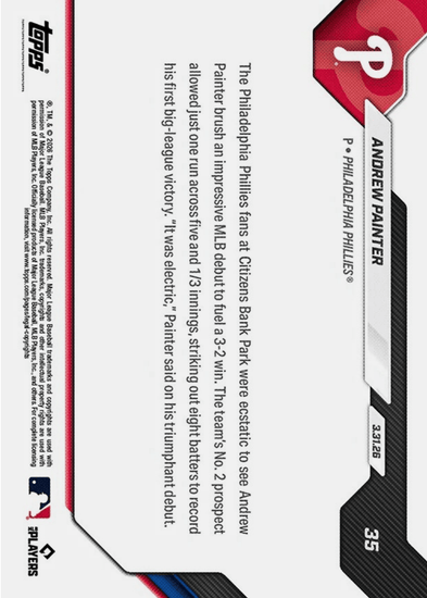 2026 Topps Now Andrew Painter #35 Orange Foil /25 Club Top Pitching Prospect Dazzles in MLB Debut Philadelphia Phillies Rookie RC Baseball Card