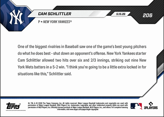 2026 Topps Now Cam Schlittler #206 Dazzles with 9Ks in Winning Subway Series Debut New York Yankees Rookie RC Baseball Card