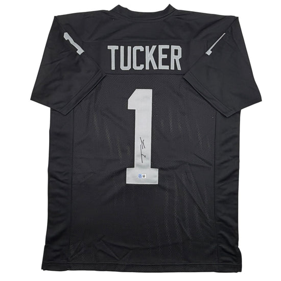 Autographed/Signed Tre Tucker Oakland Las Vegas Black Football Jersey Beckett BAS COA