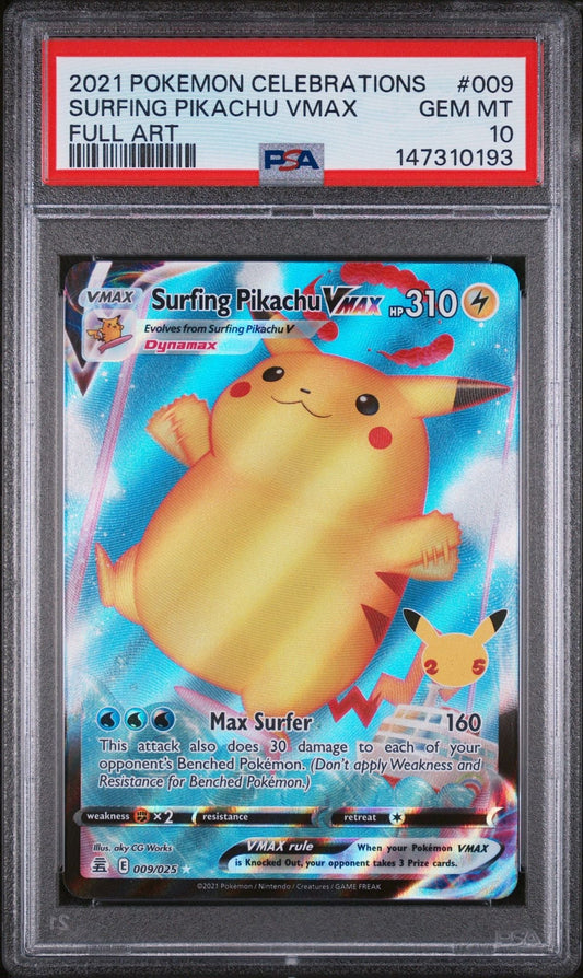 Graded 2021 Pokemon Celebrations Surfing Pikachu VMax #009 Full Art Trading Card Game PSA 10 Gem Mint