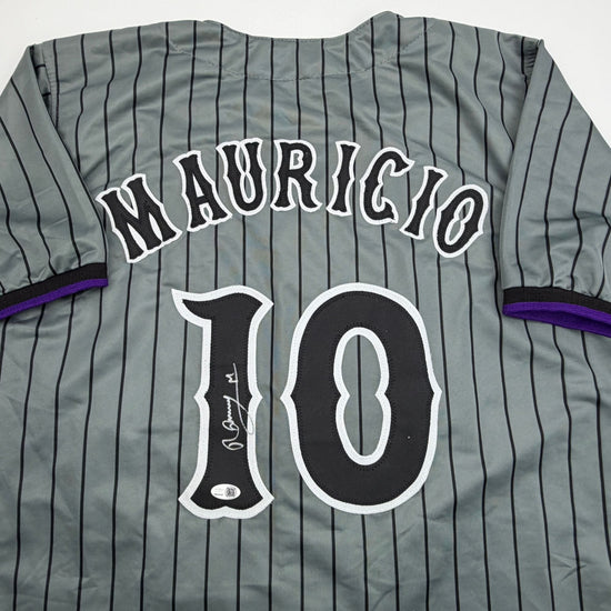 Autographed/Signed Ronny Mauricio New York Grey Pinstripe City Connect Baseball Jersey Beckett BAS COA