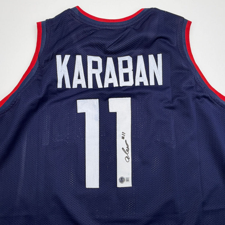 Autographed/Signed Alex Karaban UConn Connecticut Blue College Basketball Jersey Beckett BAS COA