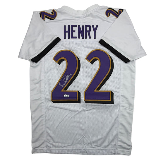 Autographed/Signed Derrick Henry Baltimore White Football Jersey Beckett BAS COA