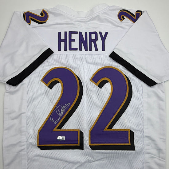 Autographed/Signed Derrick Henry Baltimore White Football Jersey Beckett BAS COA