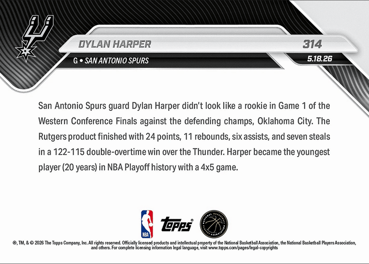 2025 Topps Now Dylan Harper #314 Youngest in NBA Playoff History with 4x5 Game San Antonio Spurs Rookie RC Basketball Card
