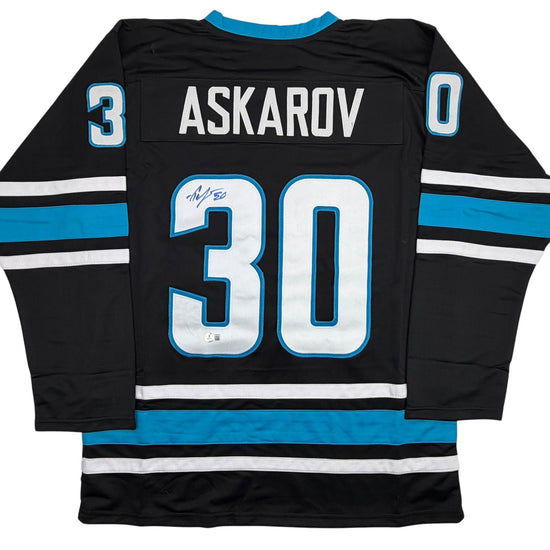 Autographed/Signed Yaroslav Askarov San Jose Black Hockey Jersey Beckett BAS COA
