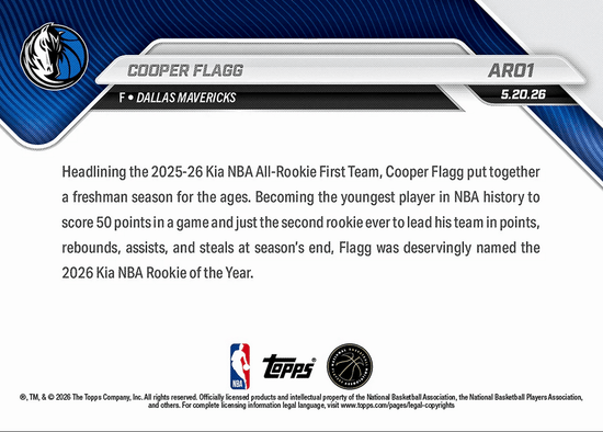 2025 Topps Now Cooper Flagg #AR01 2025-26 KIA NBA All Rookie First Team Selection Dallas Mavericks Rookie RC Basketball Card