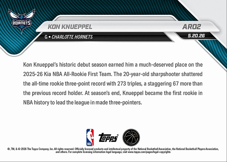 2025 Topps Now Kon Knueppel #AR02 2025-26 KIA NBA All Rookie First Team Selection Charlotte Hornets Rookie RC Basketball Card