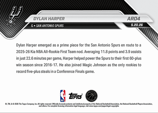 2025 Topps Now Dylan Harper #AR04 2025-26 KIA NBA All Rookie First Team Selection San Antonio Spurs Rookie RC Basketball Card