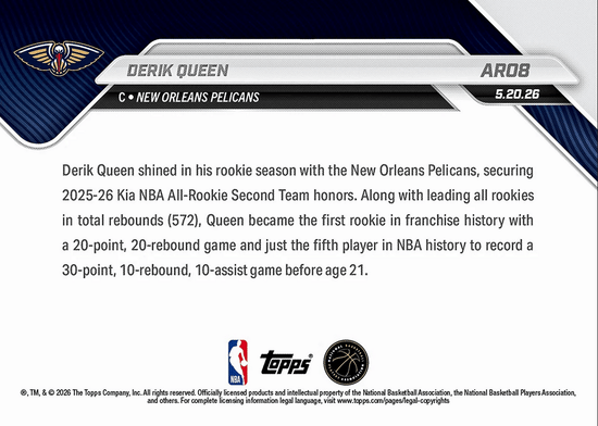 2025 Topps Now Derik Queen #AR08 2025-26 KIA NBA All Rookie Second Team Selection New Orleans Pelicans Rookie RC Basketball Card