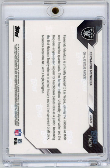 2026 Topps Now Fernando Mendoza #FMEN Black Chrome /10 Raiders 1st Overall 2026 NFL Draft Selection Las Vegas Raiders Rookie RC Football Card