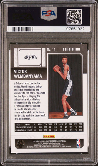 Graded 2024 Panini Contenders Victor Wembanyama #11 Retail Rookie RC Basketball Card PSA 10 Gem Mint
