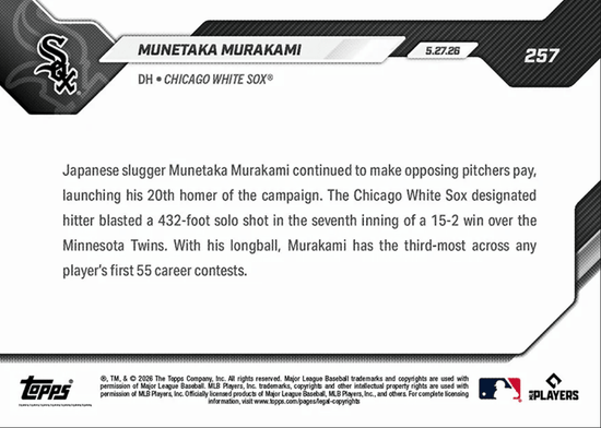 2026 Topps Now Munetaka Murakami #257 20 Home Runs Are Most For Rookie Before June Since 1901 Chicago White Sox Rookie RC Baseball Card