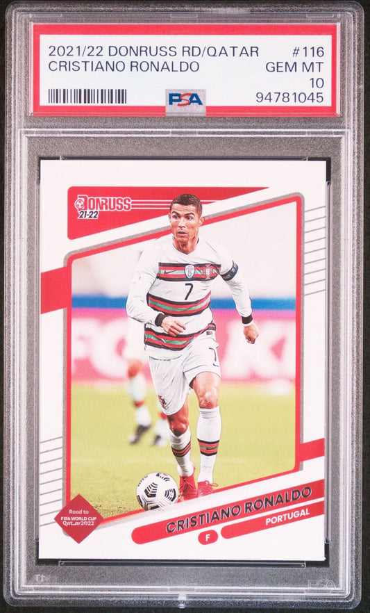 Graded 2021-22 Panini Donruss Road To Qatar Cristiano Ronaldo #116 Portugal World Cup Soccer Card PSA 10 Gem Mint