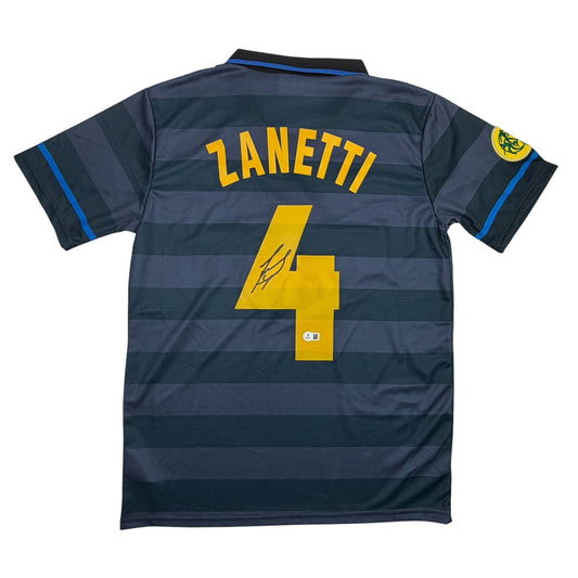 Autographed/Signed Javier Zanetti Inter Milan Navy Blue Soccer Futbol Jersey Beckett BAS COA