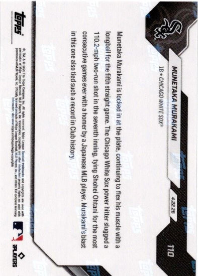 2026 Topps Now Munetaka Murakami #110 Black Foil /10 5th Straight Game with Home Run Ties Ohtanis Mark Chicago White Sox Rookie RC Redemption Baseball Card