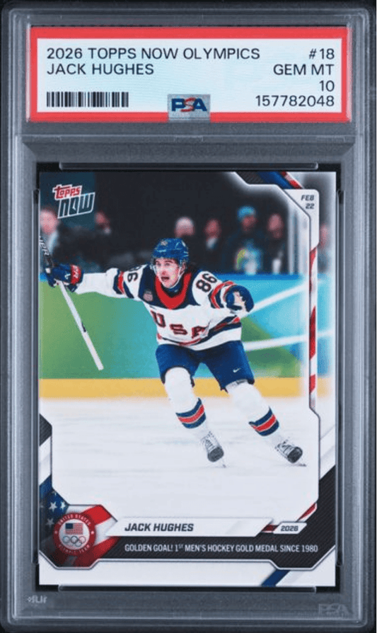 Graded 2026 Topps Now Olympics Jack Hughes #18 Team USA Hockey Card PSA 10 Gem Mint