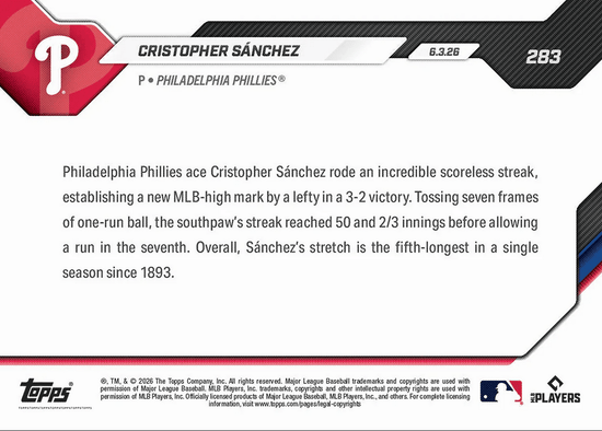 2026 Topps Now Cristopher Sanchez #283 50 2/3 Scoreless IP Streak is Longest Ever by Lefty Philadelphia Phillies Baseball Card