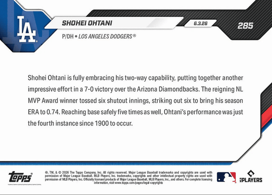 2026 Topps Now Shohei Ohtani #285 Shutout Effort Includes Record On Base Feat Los Angeles Dodgers Baseball Card