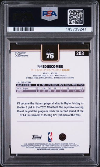 Graded 2025 Topps VJ Edgecombe #203 Blackout Refractor Rookie RC Basketball Card PSA 9 Mint
