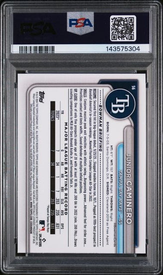 Graded 2024 Topps Bowman Chrome Mega Box Junior Caminero #56 Rookie RC Baseball Card PSA 10 Gem Mint