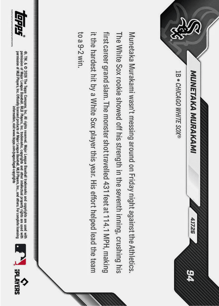 2026 Topps Now Munetaka Murakami #94 Orange Foil /25 Smashes 1st Career Grand Slam 114.1 MPH Chicago White Sox Rookie RC Baseball Card