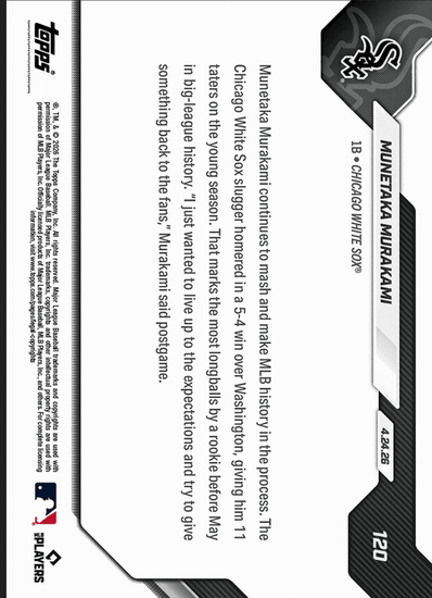 2026 Topps Now Munetaka Murakami #120 Gold Foil /50 11 Home Runs Are Most By Rookie Before May in MLB Lore Chicago White Sox Rookie RC Baseball Card