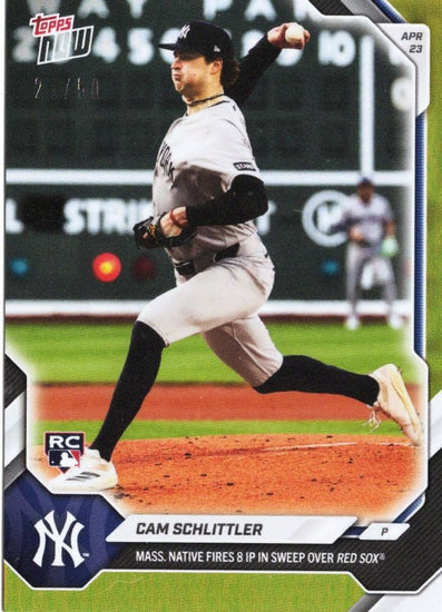 2026 Topps Now Cam Schlittler #114 Gold Foil /50 Mass. Native Fires 8IP in Sweep Over Red Sox New York Yankees Rookie RC Baseball Card