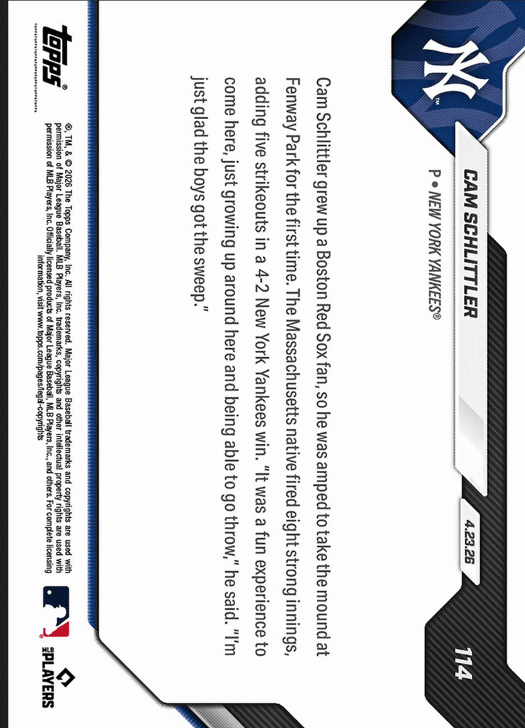 2026 Topps Now Cam Schlittler #114 Black Foil /10 Mass. Native Fires 8IP in Sweep Over Red Sox New York Yankees Rookie RC Baseball Card