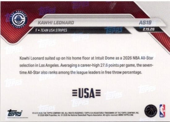 2025 Topps Now Kawhi Leonard #AS19 2026 NBA All Star 7th Selection Los Angeles Clippers Basketball Card