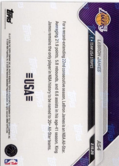 2025 Topps Now LeBron James #AS4 2026 NBA All Star 22nd Selection Los Angeles Lakers Basketball Card