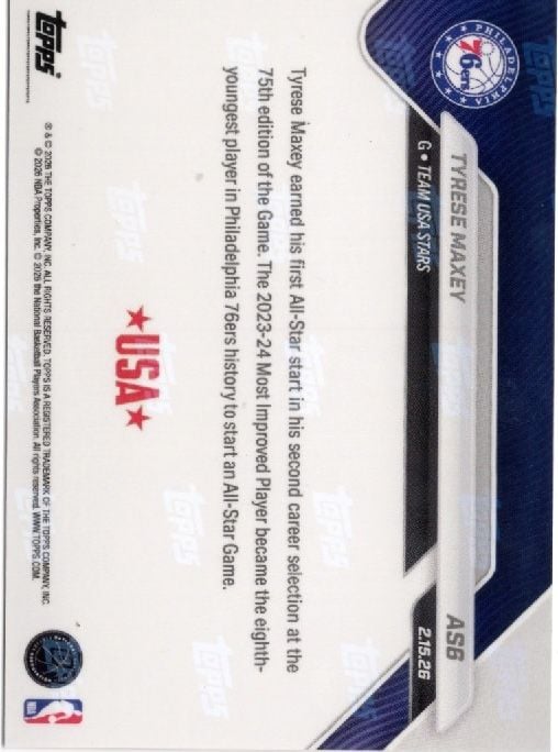 2025 Topps Now Tyrese Maxey #AS6 2026 NBA All Star 2nd Selection Philadelphia 76ers Basketball Card
