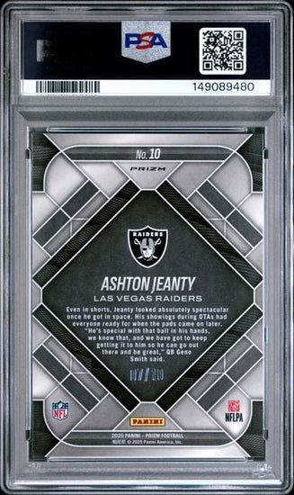 Graded 2025 Panini Prizm Ashton Jeanty #10 /10 Emergent Gold Prizm Rookie RC Football Card PSA 10 Gem Mint