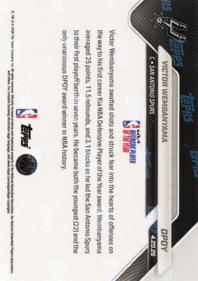 2025 Topps Now Victor Wembanyama #DPOY Green Chrome /99 Youngest & First Ever Unanimous DPOY San Antonio Spurs Basketball Card