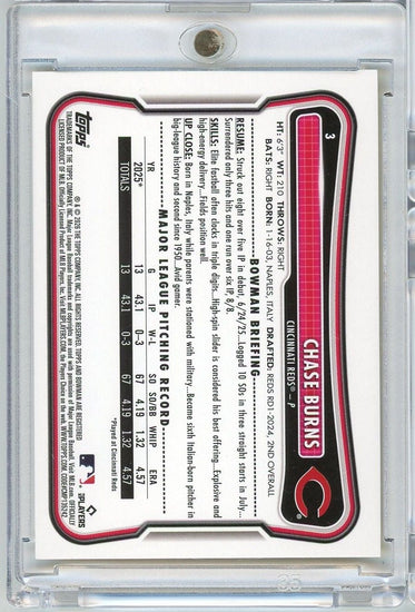 2026 Topps Bowman Chase Burns #3 /75 Yellow Pattern Scorecard Rookie RC Baseball Card