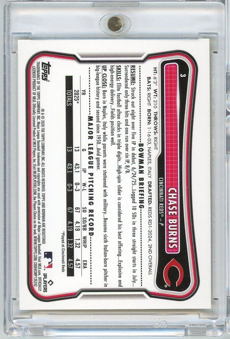 2026 Topps Bowman Chase Burns #3 /75 Yellow Pattern Scorecard Rookie RC Baseball Card