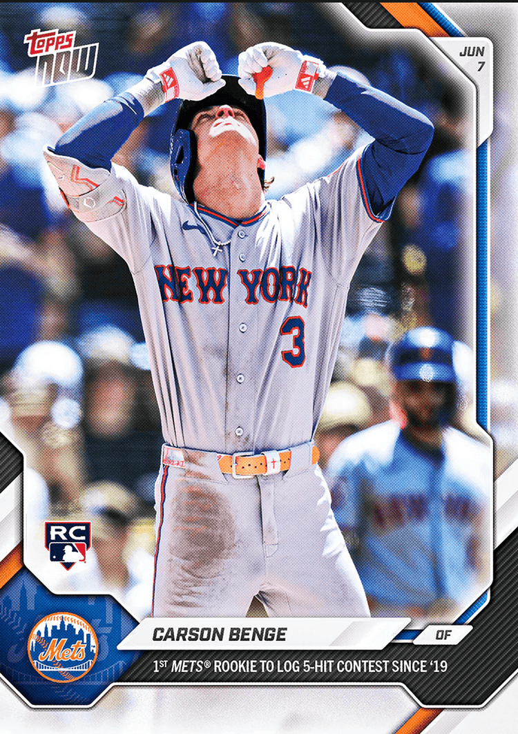 2026 Topps Now Carson Benge #301 1st Mets Rookie to Log 5 Hit Contest Since '19 New York Mets Rookie RC Baseball Card