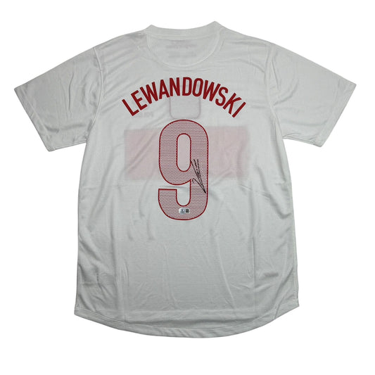 Autographed/Signed Robert Lewandowski Poland White Soccer Futbol Jersey Beckett BAS COA