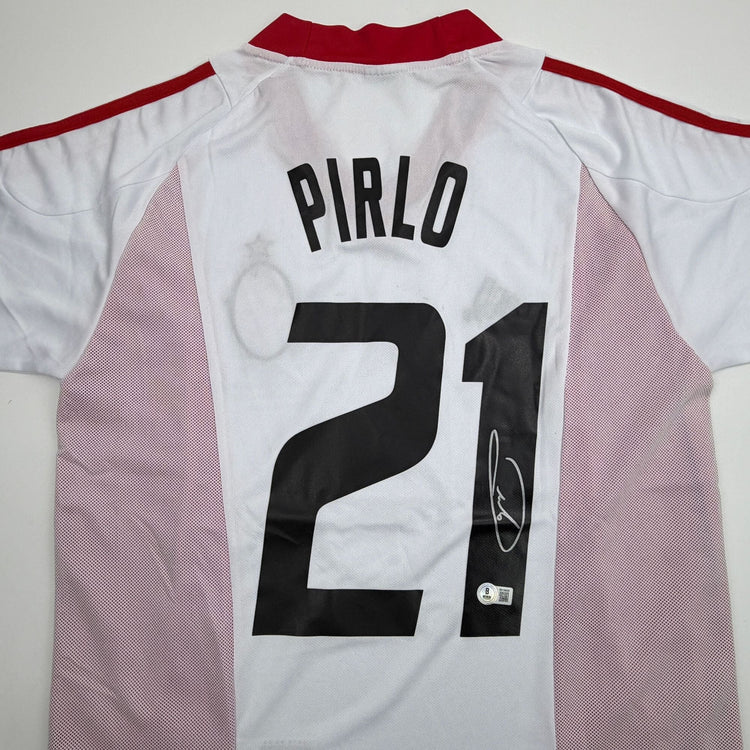 Autographed/Signed Andrea Pirlo AC Milan White Soccer Futbol Jersey Beckett BAS COA