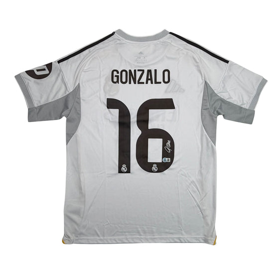 Autographed/Signed Gonzalo Garcia Real Madrid White Soccer Futbol Jersey Beckett BAS COA