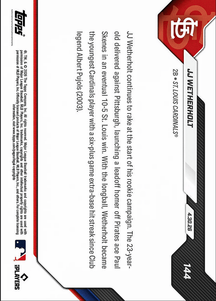 2026 Topps Now JJ Wetherholt #144 Leadoff Blast Cements Cardinals XBH Lore St Louis Cardinals Rookie RC Baseball Card