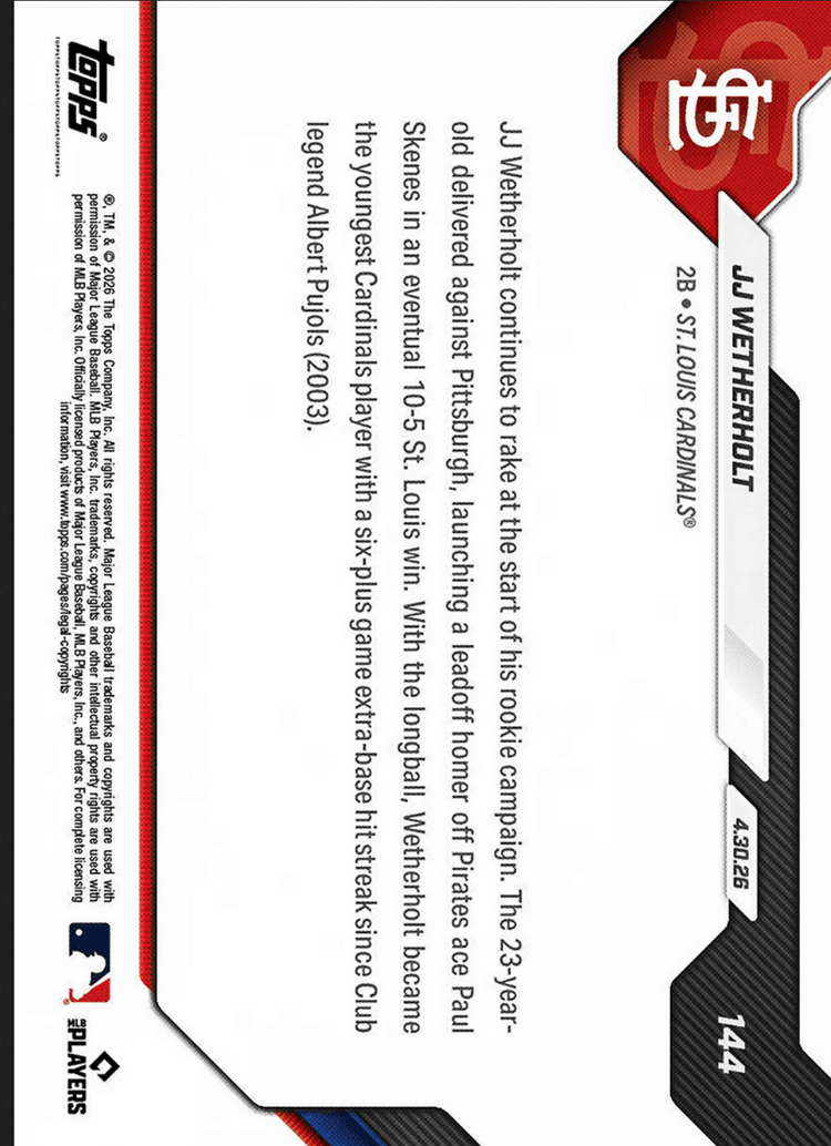 2026 Topps Now JJ Wetherholt #144 Red Foil /5 Leadoff Blast Cements Cardinals XBH Lore St Louis Cardinals Rookie RC Baseball Card