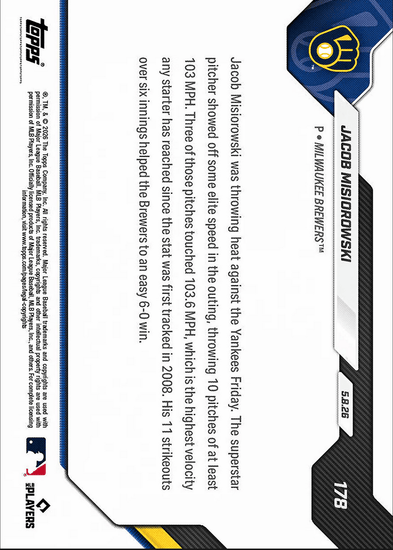 2026 Topps Now Jacob Misiorowski #178 103+ MPH Heat Lights Up Radar Gun At Record Pace Milwaukee Brewers Rookie RC Baseball Card