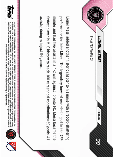 2026 Topps Now Lionel Messi #39 100th Goal Contribution Shatters MLS Record in Win Inter Miami Soccer Card