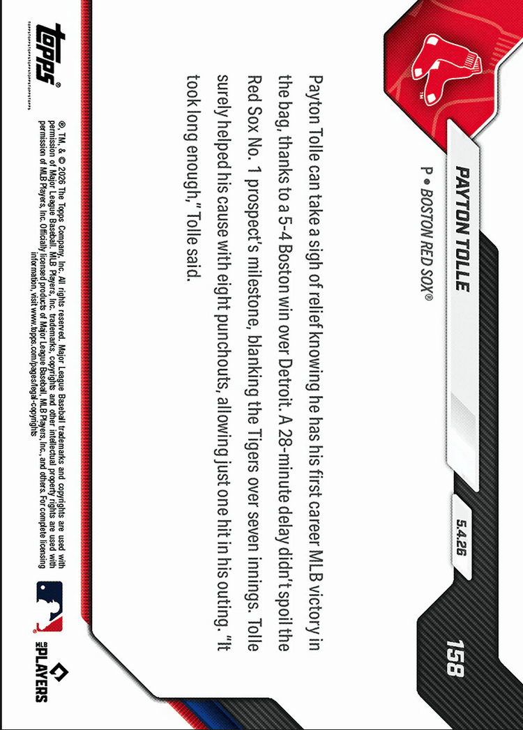 2026 Topps Now Payton Tolle #158 7 Scoreless Frames, 8Ks Collect 1st MLB Win Boston Red Sox Rookie RC Baseball Card