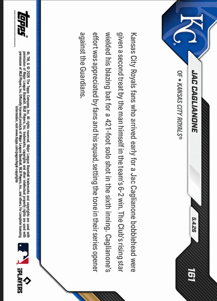 2026 Topps Now Jac Caglianone #161 Orange Foil /25 Blazing Bat Shines with Home Run on Bobblehead Night Kansas City Royals Rookie RC Baseball Card